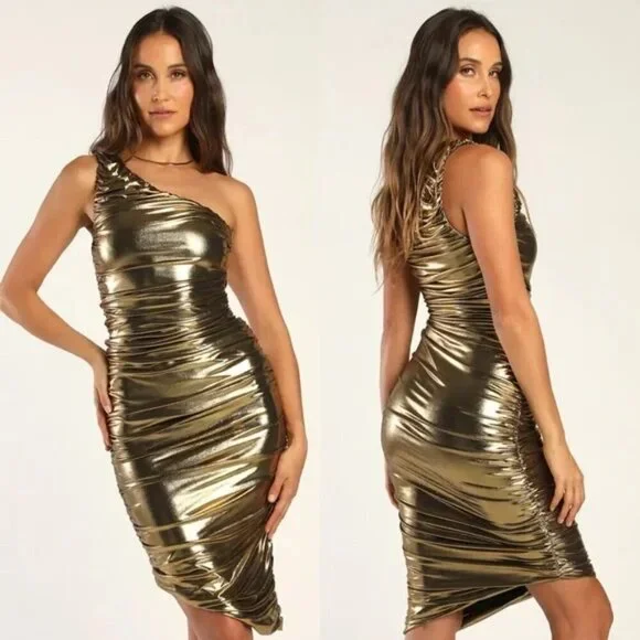 Lulus Reflections Of Style Shiny Gold One-Shoulder Bodycon Mini Dress Size XS - Picture 10 of 10